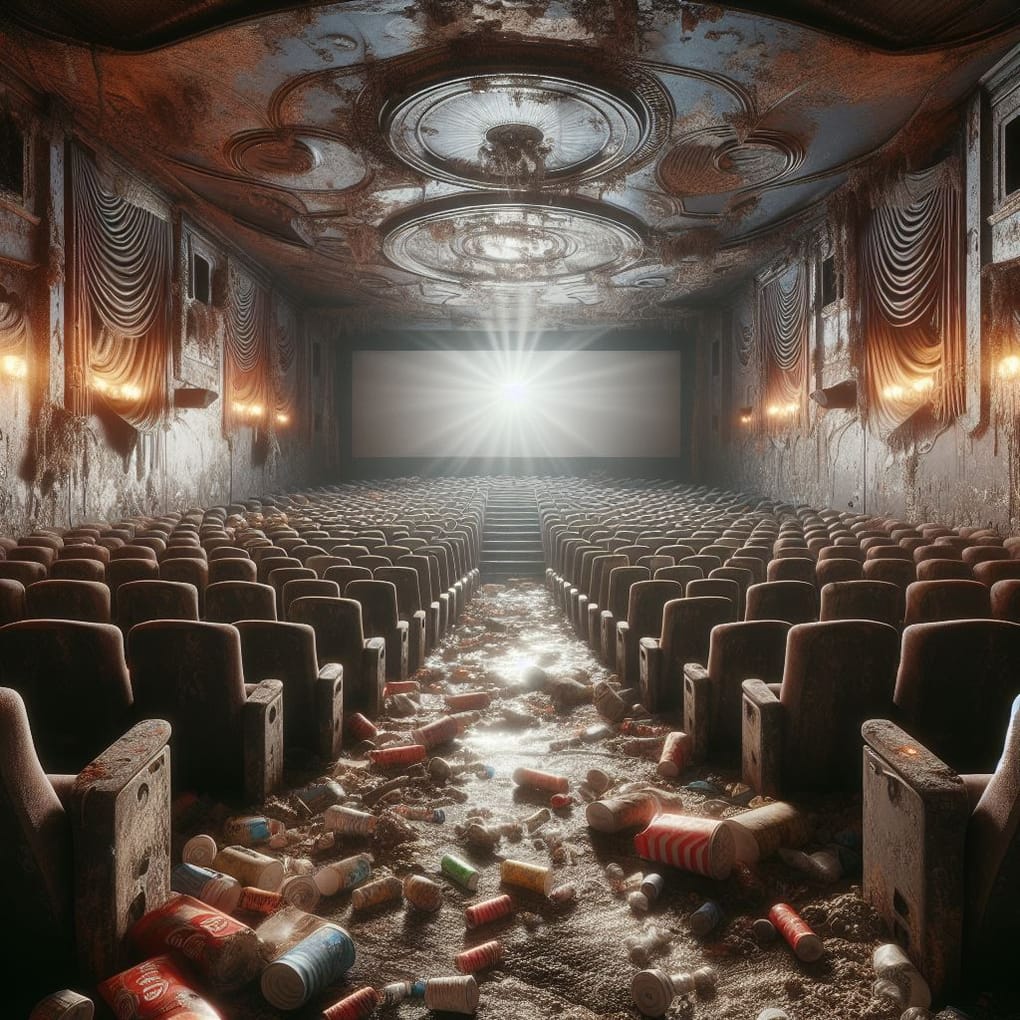 An dirty movie theater, with uncomfortable seats, lousy acoustics. Photo realistic